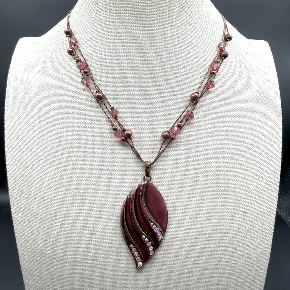 Purple Rhinestone Leaf Pendant Necklace Copper Tone Multi Strand Beaded Jewelry